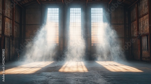 Sunlit warehouse interior, dust motes, sunrise, empty space, film backdrop