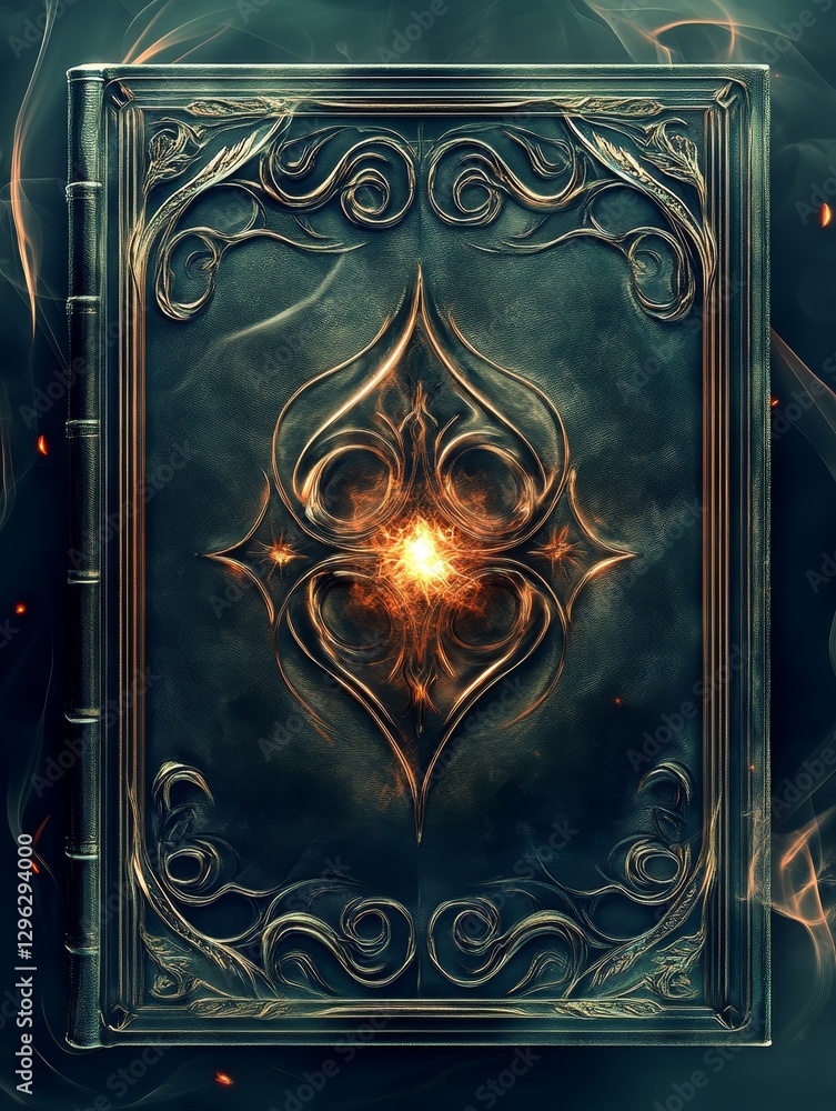 Fototapeta premium A magical glowing book with tiny embers floating from it, surrounded by glowing magic, twisting ivy, and enchanting flowers, evoking a fantasy theme with an ancient tome feel and mysterious ambiance.