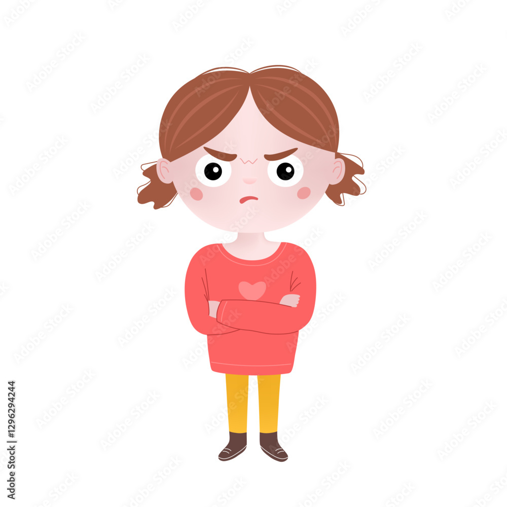 Cute little kid girl stand and show angry pose expression. Illustration of angry, irate, wroth child. Flat graphic vector illustration isolated on white background Cute little kid girl stand and show angry pose expression. Illustration of angry, irate, wroth child. Flat graphic vector illustration isolated on white background