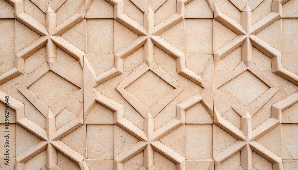 Naklejka premium Intricate geometric patterns on textured stone wall create stunning visual