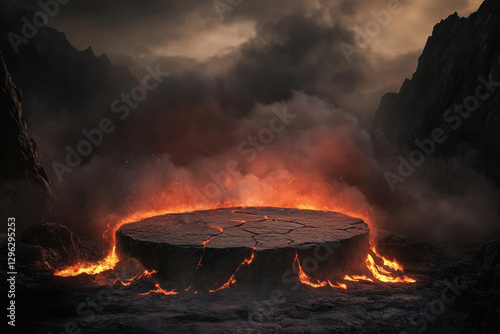 Wallpaper Mural A dramatic volcanic eruption 3D background featuring a cracked stone podium surrounded by molten lava. The fiery red and orange glow reflects off the rocky terrain, while plumes of smoke rise into the Torontodigital.ca