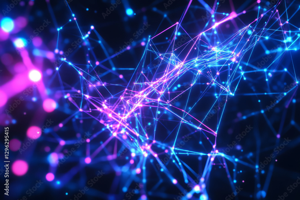 A futuristic 3D abstract background featuring an endless network of interconnected glowing lines and nodes, resembling a high-tech neural network. The bright neon blue and purple hues contrast against A futuristic 3D abstract background featuring an endless network of interconnected glowing lines and nodes, resembling a high-tech neural network. The bright neon blue and purple hues contrast against