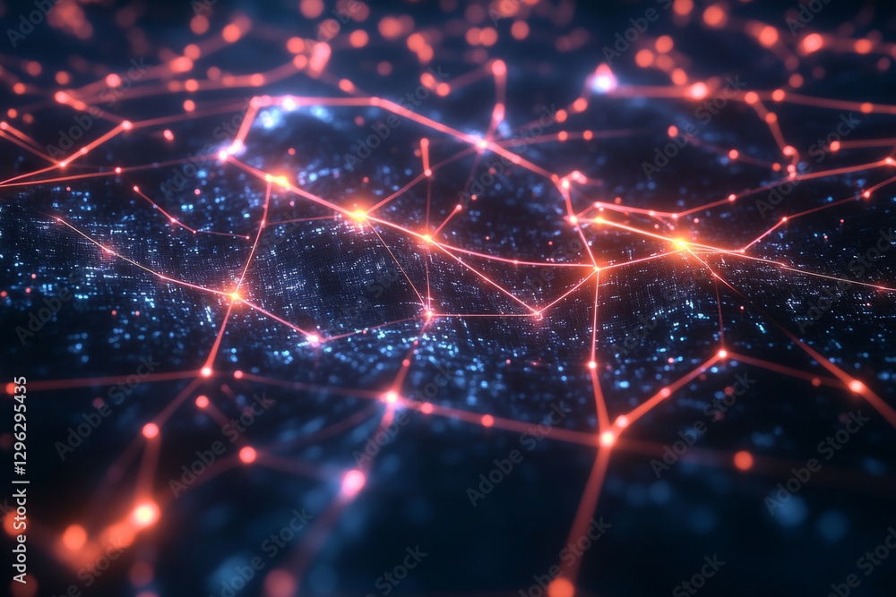 A high-tech 3D abstract background displaying an interconnected web of glowing, holographic filaments, forming an intricate network of data streams. The deep reflections and soft neon pulses create a A high-tech 3D abstract background displaying an interconnected web of glowing, holographic filaments, forming an intricate network of data streams. The deep reflections and soft neon pulses create a