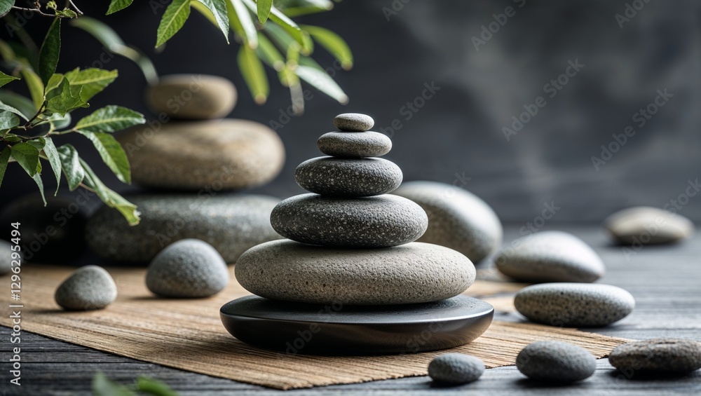 Natural zen stones in a balanced green leaf arrangement evoke spa-like harmony Natural zen stones in a balanced green leaf arrangement evoke spa-like harmony