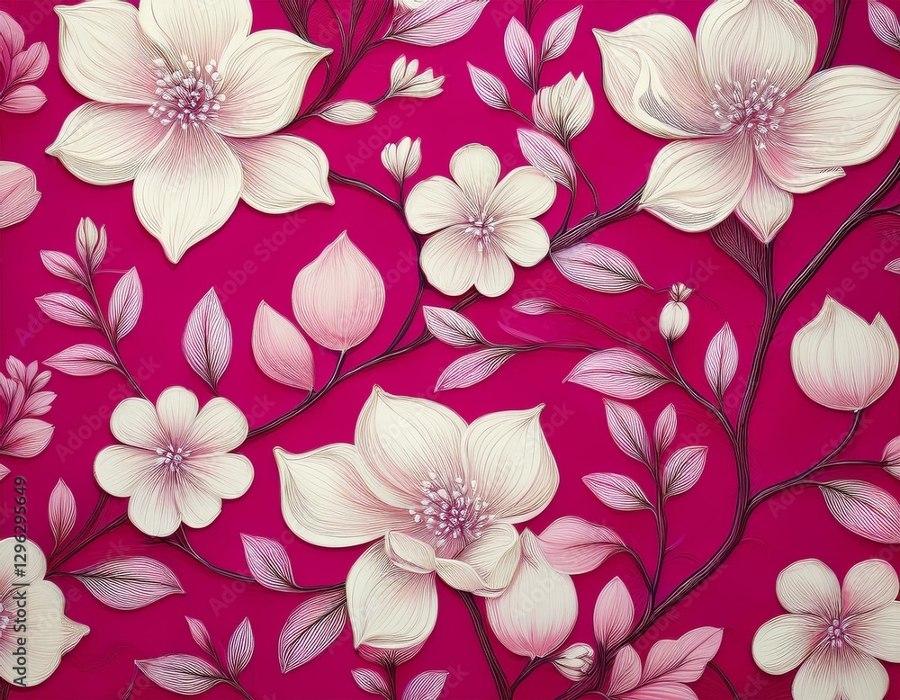 pink and white floral pattern on a pink background with white flowers leaves and branches on a magenta fabric pink and white floral pattern on a pink background with white flowers leaves and branches on a magenta fabric