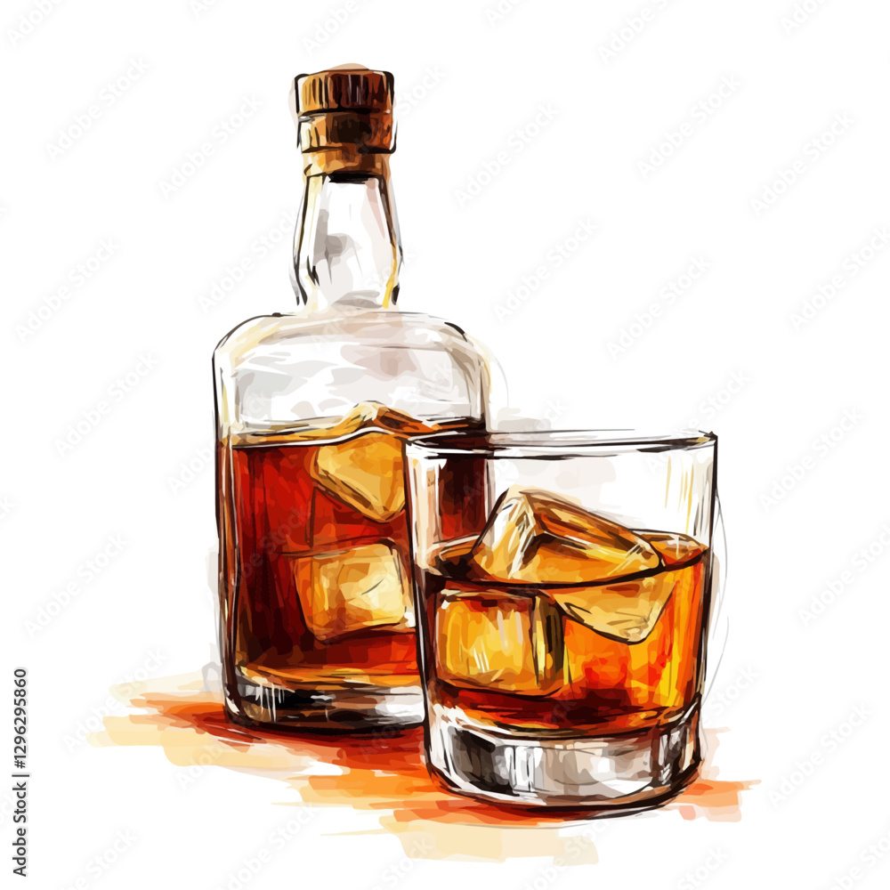 Whiskey minimalist 2D vector graphic illustration sketch on a white background.
Whiskey minimalist 2D vector graphic illustration sketch on a white background.