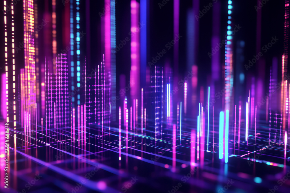 A futuristic 3D music background featuring floating, holographic equalizer bars pulsating in sync with an invisible beat. The glowing neon waves form an abstract, dynamic visualization of electronic A futuristic 3D music background featuring floating, holographic equalizer bars pulsating in sync with an invisible beat. The glowing neon waves form an abstract, dynamic visualization of electronic