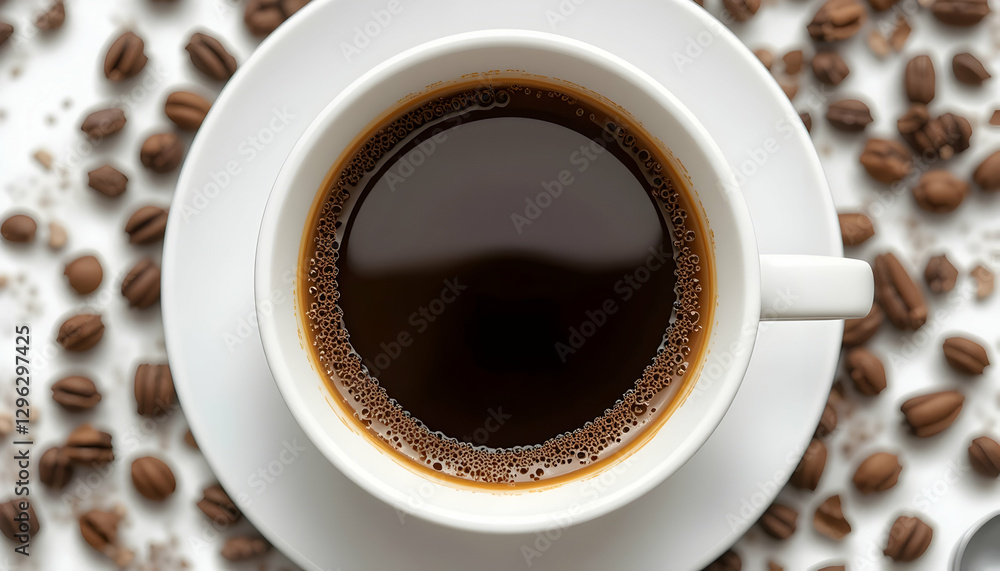 Overhead View of Black Coffee in White Cup Surrounded by Beans Overhead View of Black Coffee in White Cup Surrounded by Beans