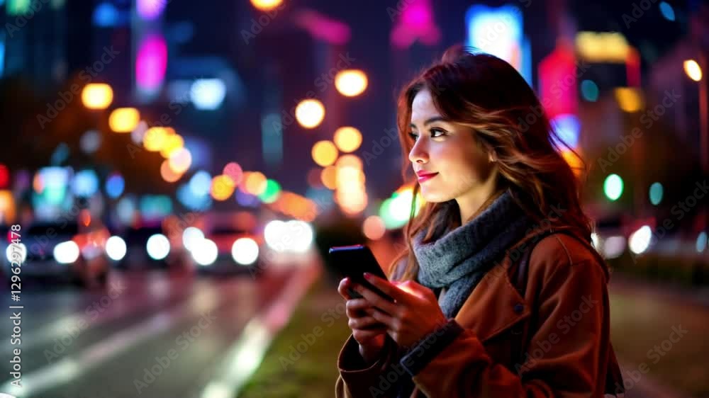 Woman Walking at Night in a Vibrant City Street. Woman Walking at Night in a Vibrant City Street.
