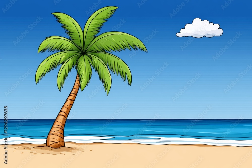 Fototapeta premium a 2D cartoon illustration of a palm tree on a beach, tropical and relaxing, white background