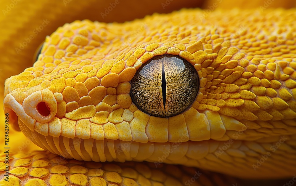 Fototapeta premium Close-up of the eye and skin texture of an entire yellow-haired snake, macro photography. 