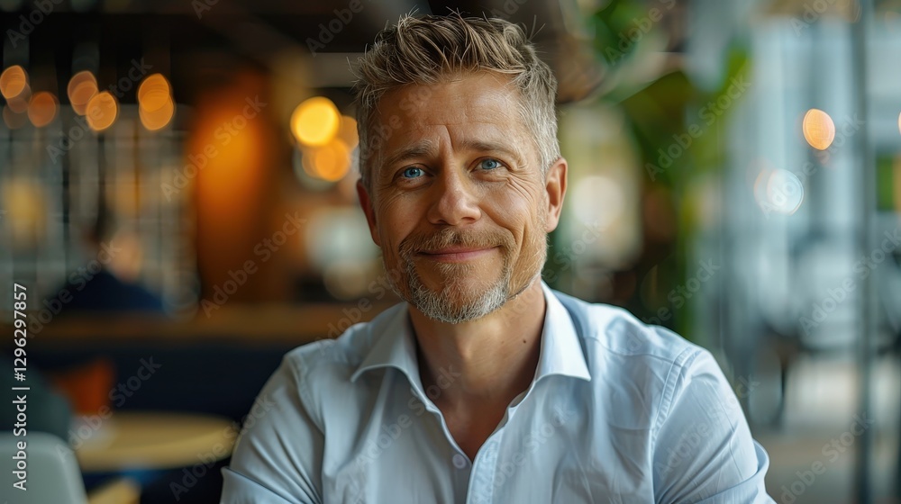 Smiling man in casual attire sitting at a café with warm ambiance and soft lighting creating an inviting atmosphere Smiling man in casual attire sitting at a café with warm ambiance and soft lighting creating an inviting atmosphere