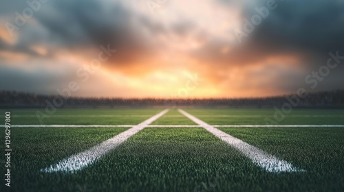 Serene Sunset Over Football Field with Lines and Dramatic Clouds