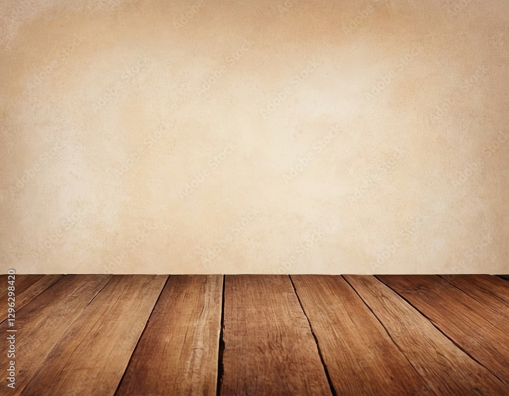 Warm wooden floor with a textured beige wall background, perfect for showcasing products or photography. Warm wooden floor with a textured beige wall background, perfect for showcasing products or photography.