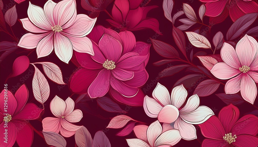 a seamless pattern of delicate pink flowers with white petals leaves in shades of magenta and fuchsia on a dark red background a seamless pattern of delicate pink flowers with white petals leaves in shades of magenta and fuchsia on a dark red background