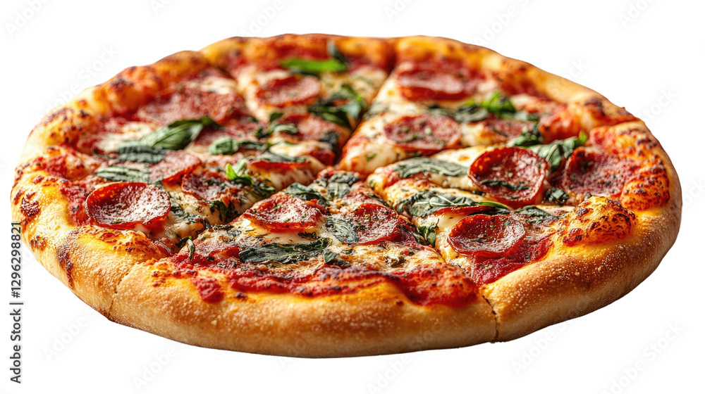Pepperoni Pizza Feast: A tantalizing overhead view of a fresh pizza, generously adorned with pepperoni, spinach, and savory tomato sauce, promising a burst of flavor and culinary delight. Pepperoni Pizza Feast: A tantalizing overhead view of a fresh pizza, generously adorned with pepperoni, spinach, and savory tomato sauce, promising a burst of flavor and culinary delight.