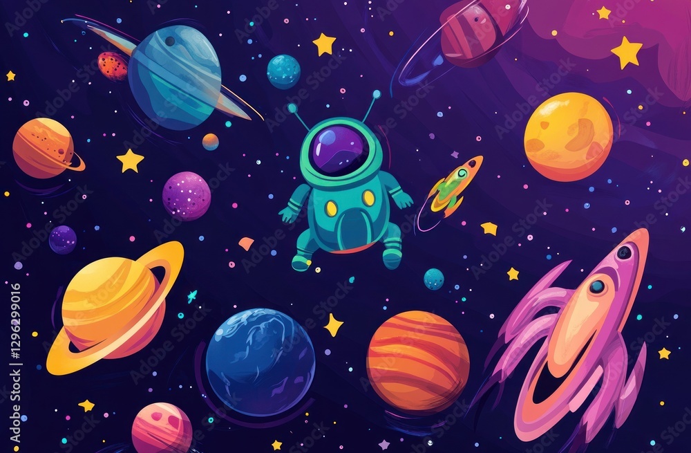 A cartoon vector illustration of cute aliens in space suits exploring the cosmos A cartoon vector illustration of cute aliens in space suits exploring the cosmos
