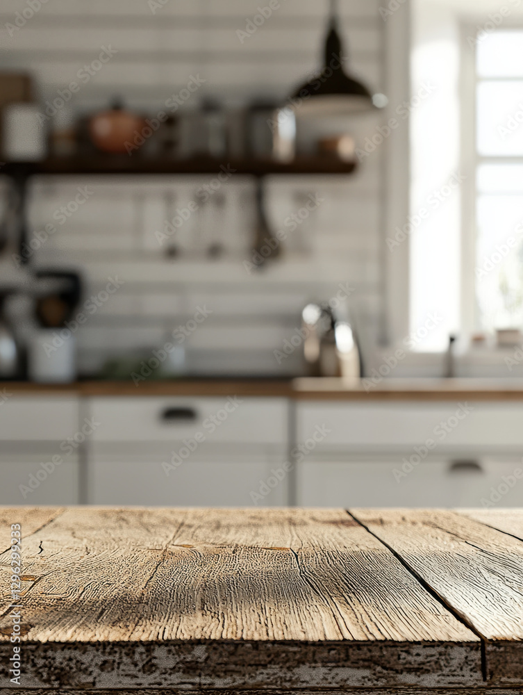 Rustic wooden table in cozy kitchen setting with soft lighting. background features blurred kitchen with shelves, utensils, and appliances, creating warm and inviting atmosphere Rustic wooden table in cozy kitchen setting with soft lighting. background features blurred kitchen with shelves, utensils, and appliances, creating warm and inviting atmosphere
