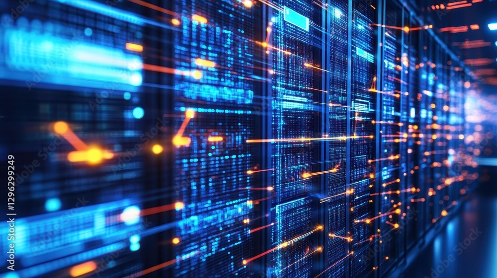 Fototapeta premium A futuristic cityscape, where glowing screens display intricate IT systems, connected through a network of interconnected nodes, representing the ever-expanding digital world.