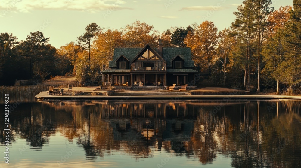 Lakeside log cabin home with autumn foliage reflection. Lakeside log cabin home with autumn foliage reflection.