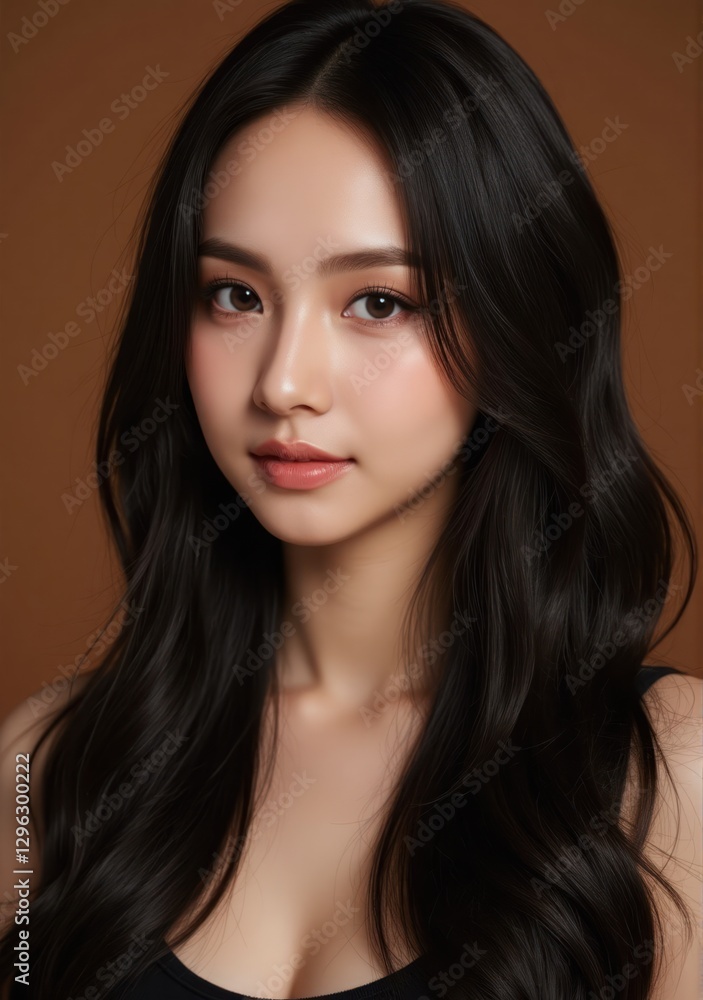 model with long, straight black hair, glossy and perfectly styled, striking a seductive pose in a studio with a warm brown backdrop, her hair adding a touch of glamour model with long, straight black hair, glossy and perfectly styled, striking a seductive pose in a studio with a warm brown backdrop, her hair adding a touch of glamour
