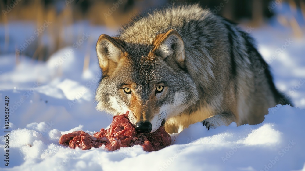 Obraz premium Wolf Eating in Snow: Majestic Grey Wolf Feeding on Meat in Winter Wilderness
