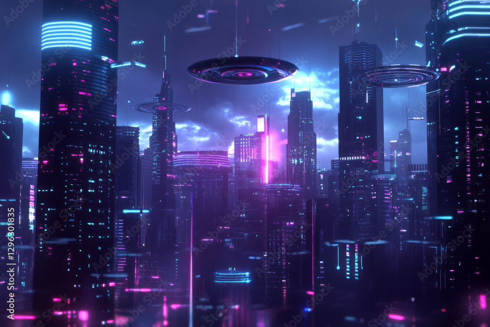 Obraz premium A cyberpunk-inspired 3D music background with a dark, atmospheric cityscape filled with floating digital music waves. Neon equalizers glow above the skyline, while metallic audio rings pulsate in the