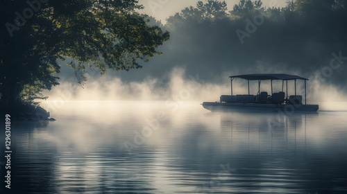 Fototapeta Naklejka Na Ścianę i Meble -  Pontoon boat floats serenely on a misty calm lake morning