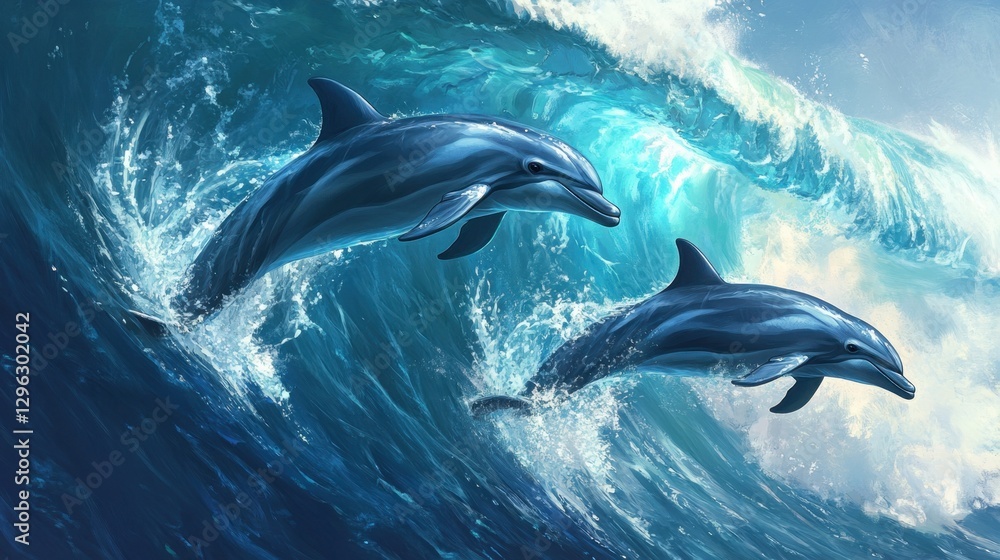 Naklejka premium Aerial drone view of dolphins surfing side by side in a deep blue ocean