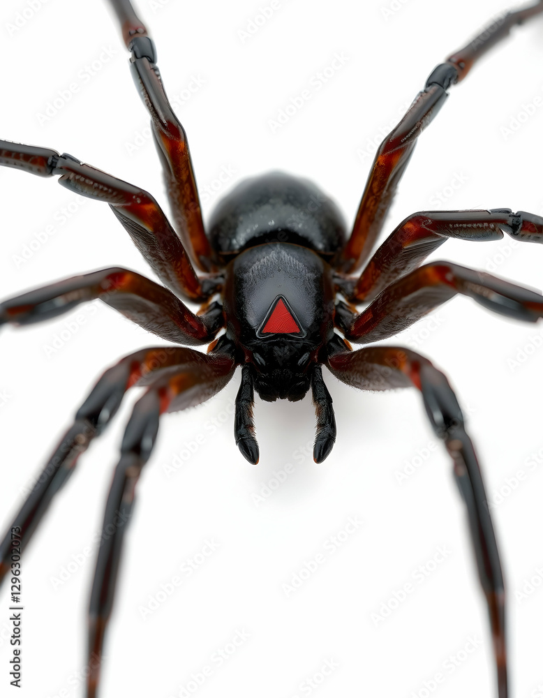 Fototapeta premium Close Up of a Black Spider with Red Mark on White Background