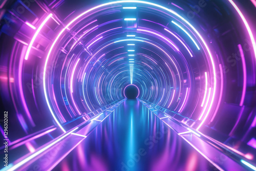 A dynamic 3D abstract background with an infinite neon tunnel made of pulsating rings. The glowing reflections create a deep, immersive perspective, leading the viewer into a high-tech world of