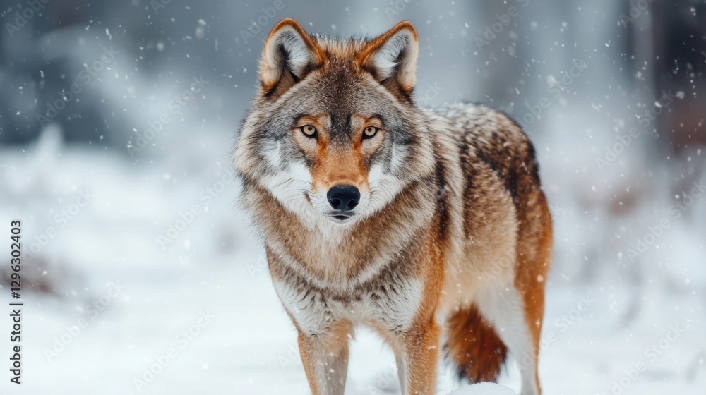 Fototapeta premium Majestic Wolf Stands in Snowy Forest Under Falling Snowflakes