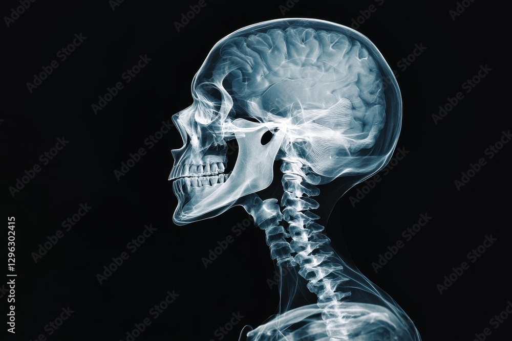A photo showcasing the skull of a skeleton illuminated in the darkness D Xray film of the human cranium . A photo showcasing the skull of a skeleton illuminated in the darkness D Xray film of the human cranium .