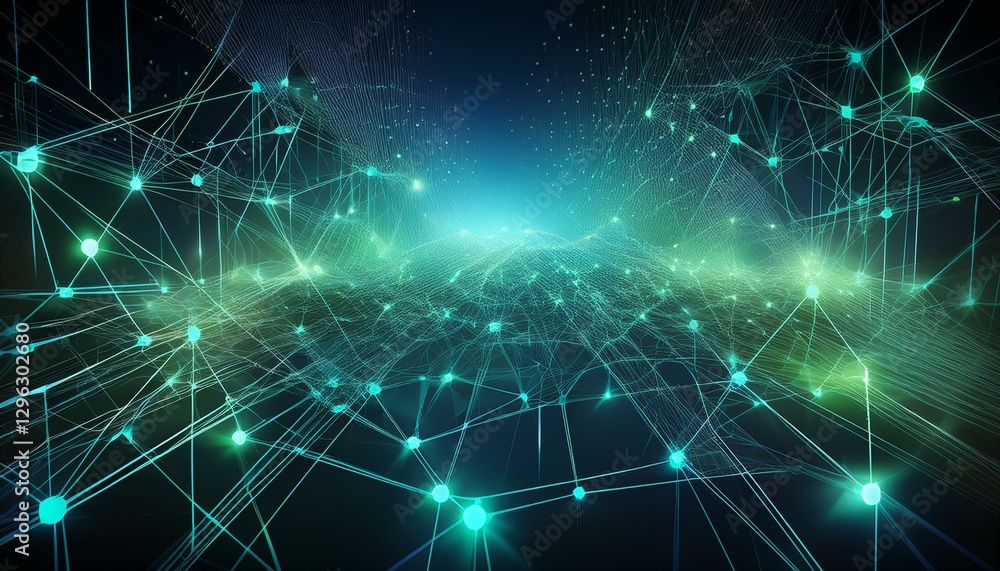 a digital representation of interconnected nodes and lines in a glowing blue green background a digital representation of interconnected nodes and lines in a glowing blue green background