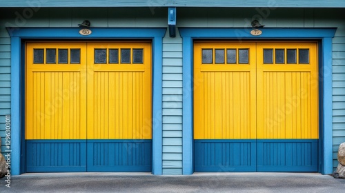 Yellow Garage Doors with Blue Trim. Two Identical Wooden Entrances