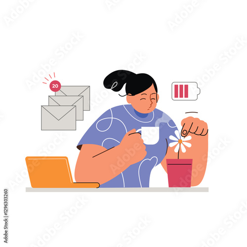 A woman is relieving stress, relaxing while drinking coffee, and playing with her flowers on her work desk to recharge her energy. photo