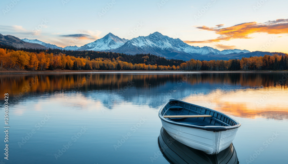 serene lake at sunset with boat and mountains in background serene lake at sunset with boat and mountains in background