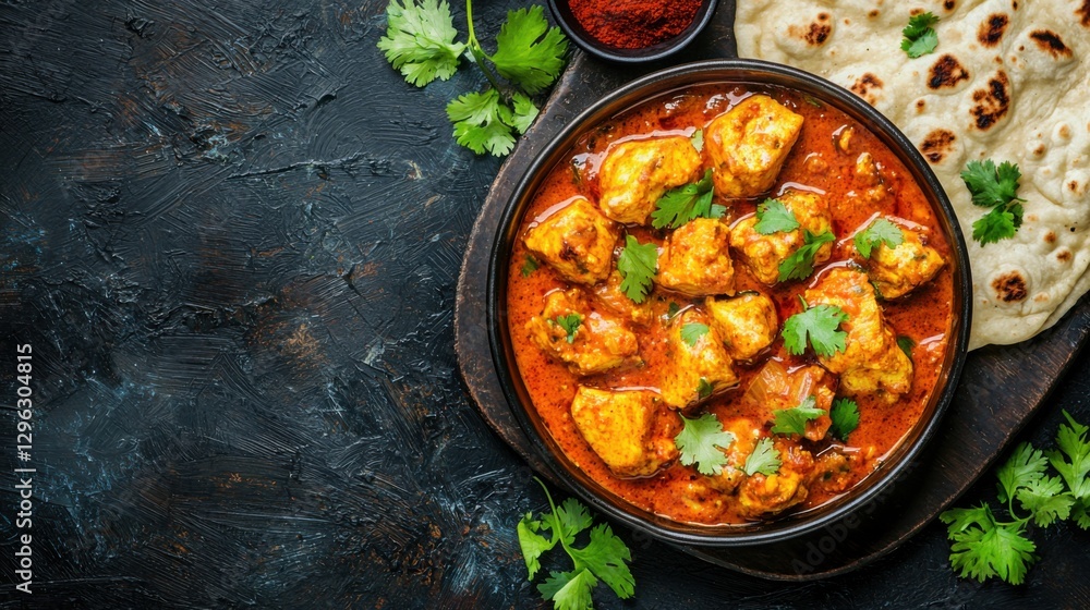 Delicious Indian Curry with Chicken and Fresh Herbs on Wooden Table Delicious Indian Curry with Chicken and Fresh Herbs on Wooden Table