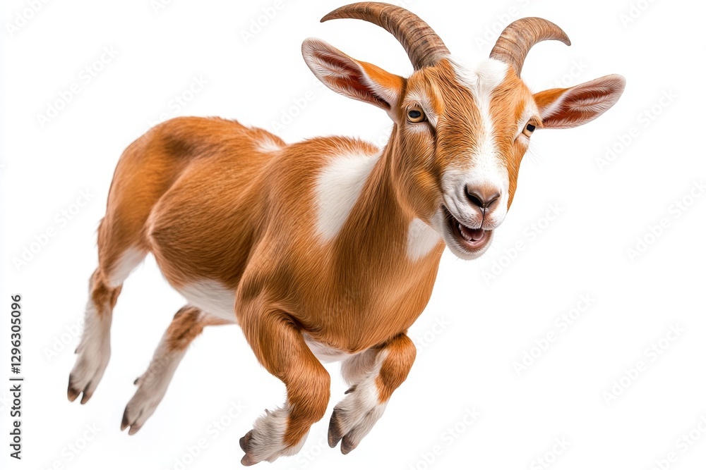 Fototapeta premium Cute brown goat jumping, isolated on a white background, high-quality photograph