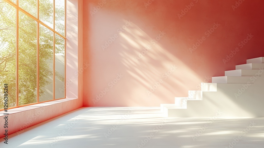 Obraz premium Bright and Airy Minimalist Interior with Sunlight Filtering Through Large Window and Soft Pastel Pink Walls