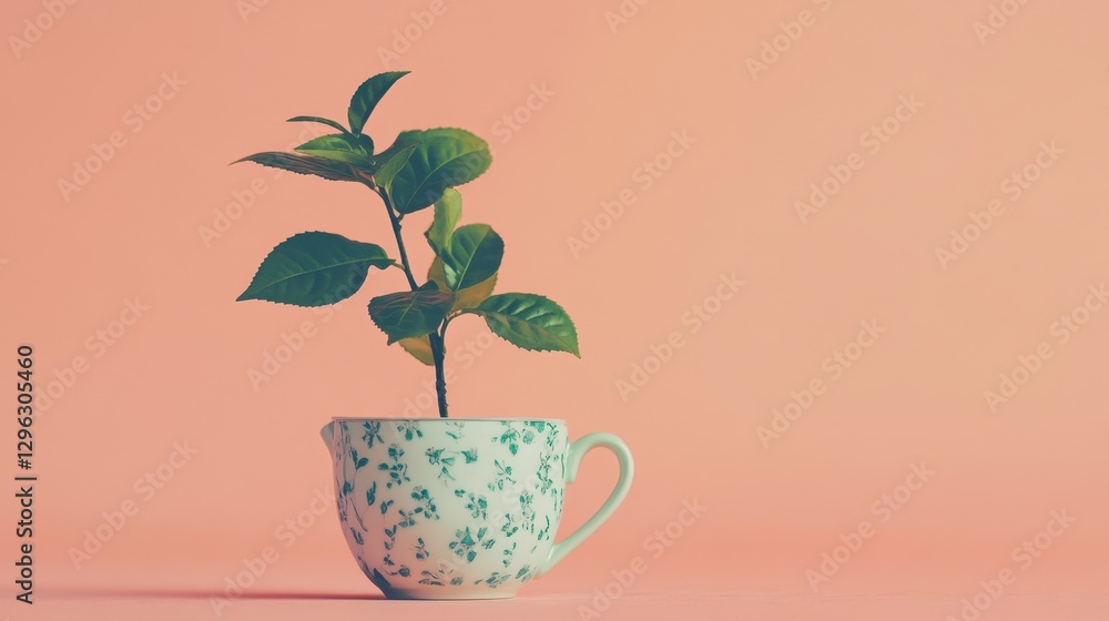 Obraz premium A delicate tea plant with bright green leaves in a stylish pot, set against a muted orange background