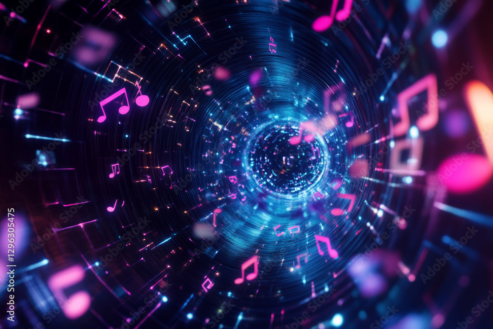 A hypnotic 3D abstract background featuring a swirling galaxy of neon music notes, floating speaker cubes, and pulsating sound frequencies. The deep-space environment glows with an electric symphony A hypnotic 3D abstract background featuring a swirling galaxy of neon music notes, floating speaker cubes, and pulsating sound frequencies. The deep-space environment glows with an electric symphony