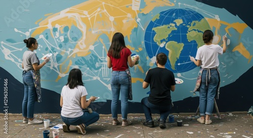 Diverse group of young people painting a large world map mural on a wall representing global unity creativity and environmental awareness