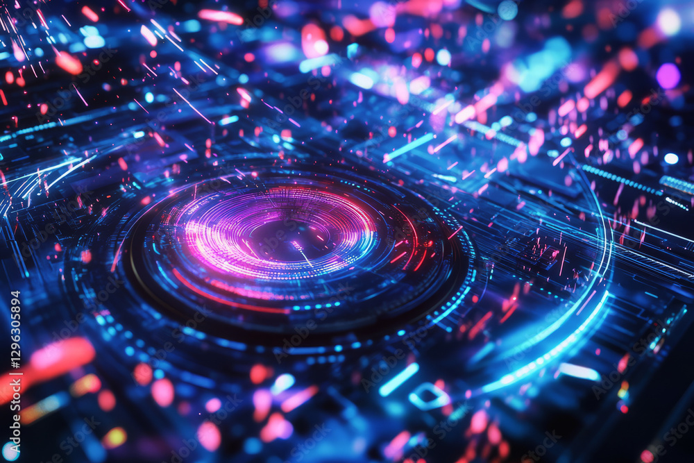 A cyberpunk-inspired 3D abstract background showcasing a digital DJ booth emitting swirling neon sound waves. The glowing beats ripple through the high-tech environment, creating a mesmerizing fusion A cyberpunk-inspired 3D abstract background showcasing a digital DJ booth emitting swirling neon sound waves. The glowing beats ripple through the high-tech environment, creating a mesmerizing fusion