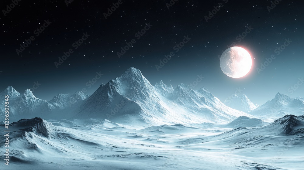 Fototapeta premium Serene Winter Landscape with Majestic Mountains and Glowing Full Moon Under Starry Night Sky
