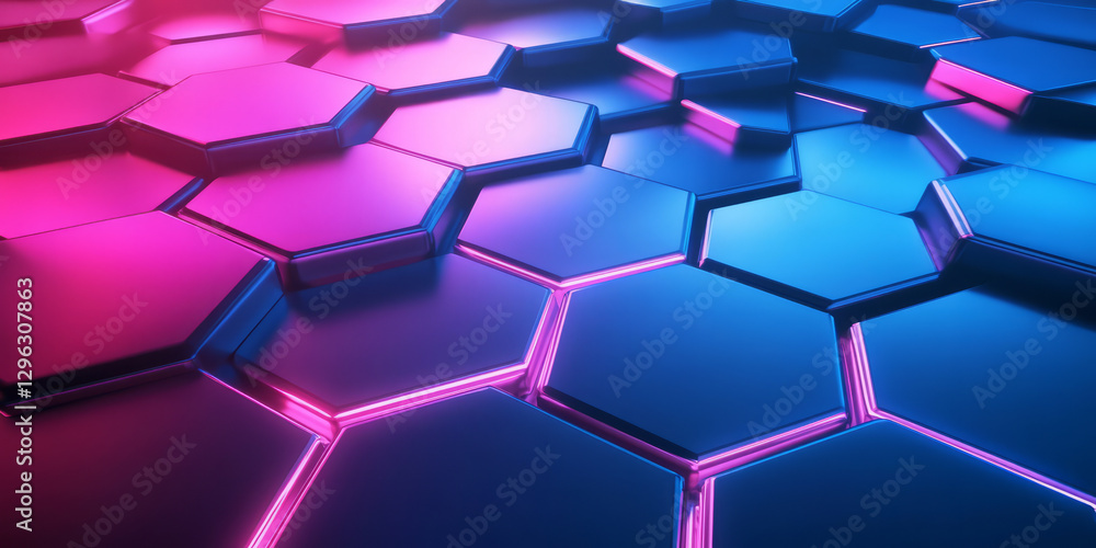 A dynamic 3D abstract background with levitating transparent hexagonal panels, softly illuminated by neon blue and pink gradients. The sleek futuristic design blends high-tech aesthetics with smooth A dynamic 3D abstract background with levitating transparent hexagonal panels, softly illuminated by neon blue and pink gradients. The sleek futuristic design blends high-tech aesthetics with smooth