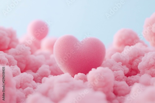 Soft pink heart surrounded by fluffy clouds, symbolizing love and tenderness in a pastel color palette, perfect for romantic themes and digital projects
