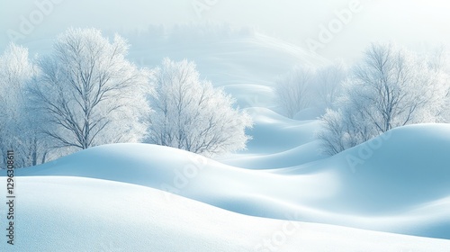 Serene Winter Landscape with Frosted Trees and Soft Snowy Hills Under Misty Atmosphere in a Tranquil Setting