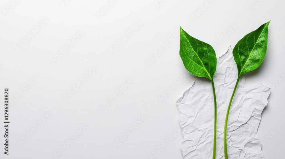 Obraz premium Fresh Green Leaves on Crumpled White Paper Background