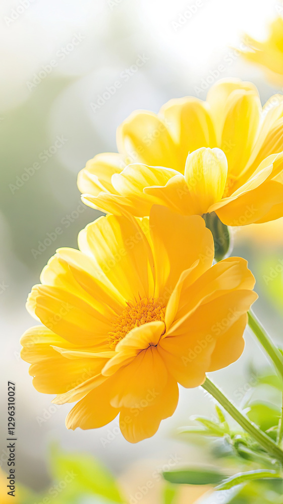 Fototapeta premium Bright yellow marigolds glowing under soft sunlight, evoking warmth and serenity
